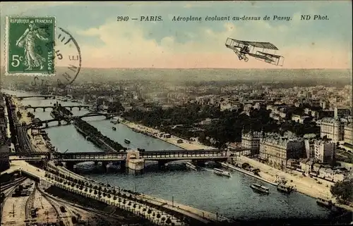 Ak Paris XVI Passy, Aeroplane evoluant au dessus de Passy