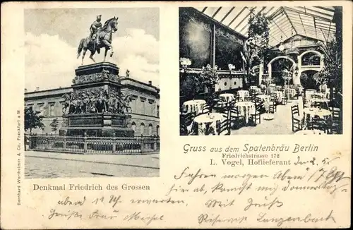 Ak Berlin Mitte, Spatenbräu, Innenansicht, Denkmal Friedrich des Großen
