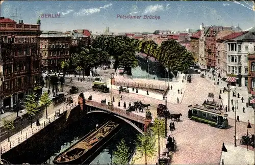 Ak Berlin Tiergarten, Potsdamer Brücke, Straßenbahn, Schiff