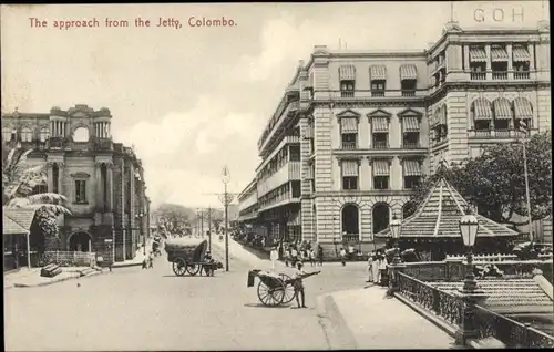 Ak Colombo Ceylon Sri Lanka, Anfahrt vom Jetty, GOH-Gebäude, Rikscha