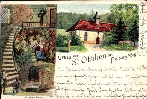 Litho Waldsee Freiburg im Breisgau, Waldheiligtum Sankt Ottilien, Grotte, Kapelle