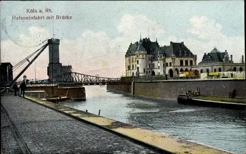 Ak Köln Rhein, Hafeneinfahrt mit Brücke, Wasserpartie