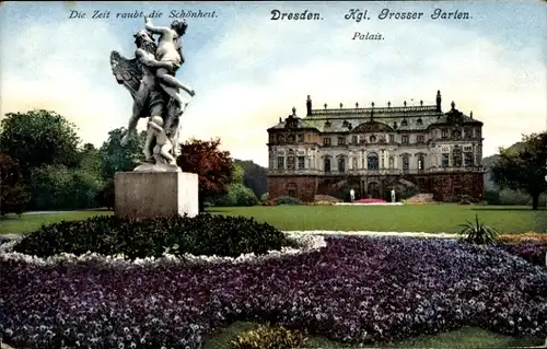 Ak Dresden Altstadt, Königlicher Grosser Garten, Palais, Staue Die Zeit raubt die Schönheit