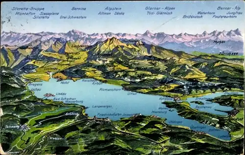 Landkarten Ak Lindau Bodensee, Bad Schachen, Reichenau, Überlingen, Höchst