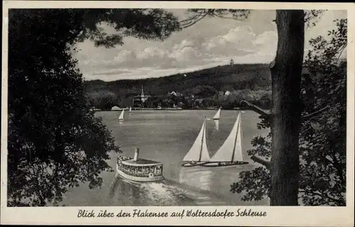 Ak Woltersdorf bei Berlin, Woltersdorfer Schleuse, Flakensee, Boote, Aussichtsturm