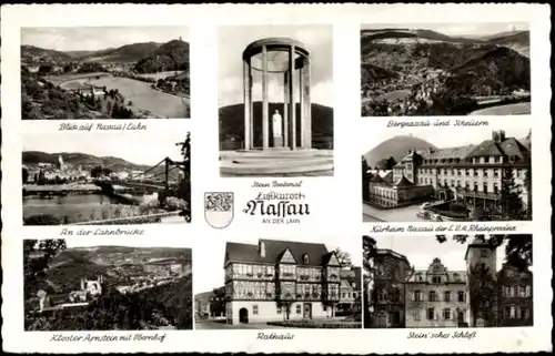 Ak Bad Nassau an der Lahn, Lahnbrücke, Kloster Arnstein, Obernhof, Rathaus, Kurheim, Scheuern