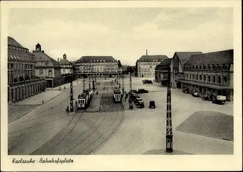 Ak Karlsruhe in Baden, Bahnhofsplatz, Straßenbahnen