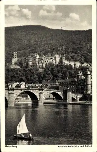 Ak Heidelberg am Neckar, Alte Neckarbrücke, Schloss, Segelboot