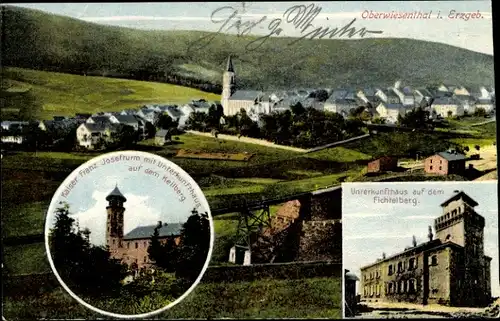 Ak Oberwiesenthal im Erzgebirge, Gesamtansicht, Unterkunftshaus, Kaiser Franz Josef Turm