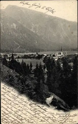 Ak Bayrischzell im Mangfallgebirge Oberbayern, Teilansicht mit Gebirge