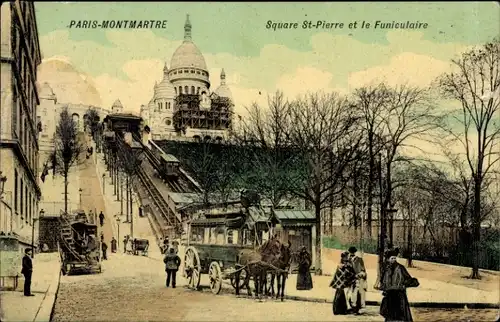 Ak Paris XVIII., Montmartre, Square Saint Pierre und die Standseilbahn, Kreuzung, Pferdebahn