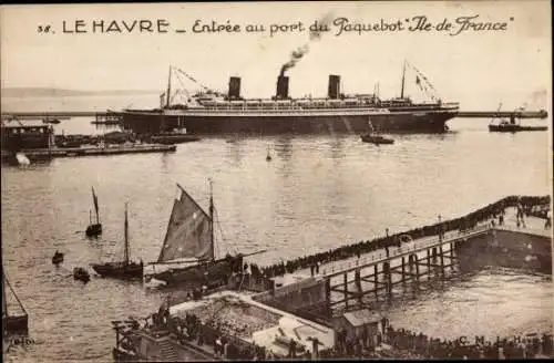 Ak Le Havre Seine Maritime, Entree au port du Paquebot Ile de France