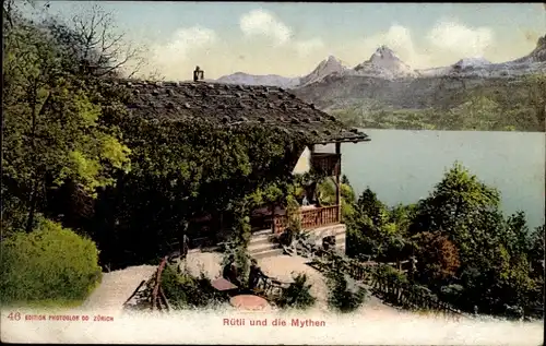 Ak Rütli Seelisberg Kanton Uri, Hütte, Panorama mit Mythen