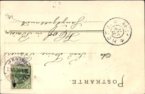 Passepartout Präge Litho Karlsruhe in Baden Württemberg, Stadtgartensee, Frau mit Schirm, Schwan