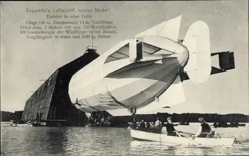 Ak Zeppelins Luftschiff, neues Modell, Einfahrt in die Halle, Ruderboot, Friedrichshafen Bodensee