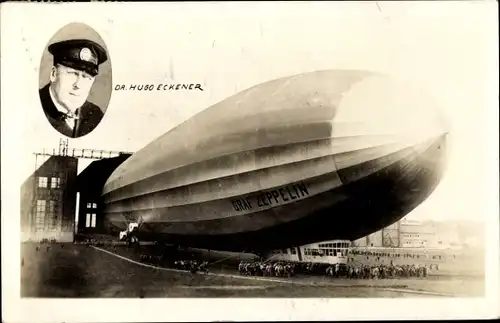 Foto Ak Luftschiff LZ 127 Graf Zeppelin in Lakehurst, Luftschiffhalle, Hugo Eckener, Portrait