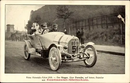 Ak Reklame, Continental Gleitschutz, Prinz Heinrich Fahrt 1910, Sieger, Herr Porsche auf Daimler