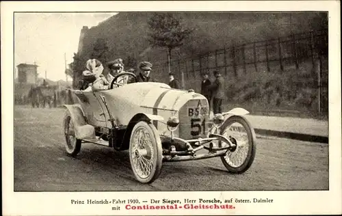 Ak Reklame, Continental Gleitschutz, Prinz Heinrich Fahrt 1910, Sieger, Herr Porsche auf Daimler