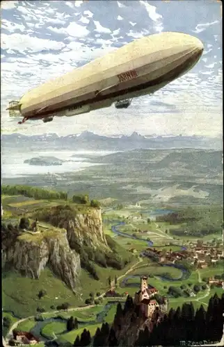 Künstler Ak Diemer, Z., Zeppelin über einer Ortschaft, Luftschiff