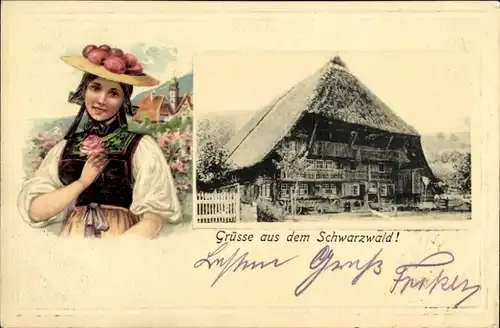 Präge Litho Frau in Schwarzwälder Tracht, Wohnhaus