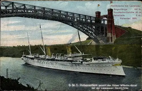Ak Deutsches Kriegsschiff, SMY Hohenzollern, Kaiseryacht, Kaiser Wilhelm Kanal, Hochbrücke