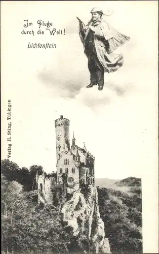 Ak Honau Lichtenstein in Württemberg, Schloss Lichtenstein, Im Fluge durch die Welt, fliegender Mann