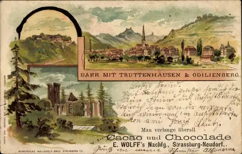 Künstler Litho Greiner, Neudorf Strasbourg Straßburg Elsass Bas Rhin, Totale, Ruine, Cacao Reklame