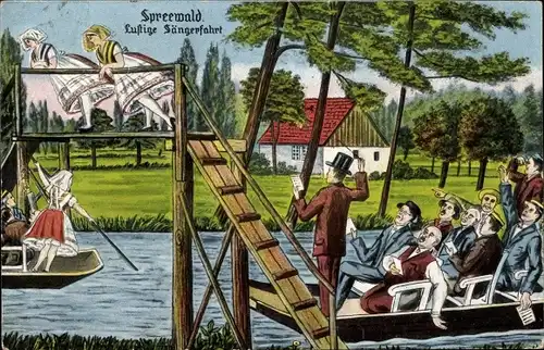 Ak Spreewald, Lustige Sängerfahrt, Frauen in Tracht