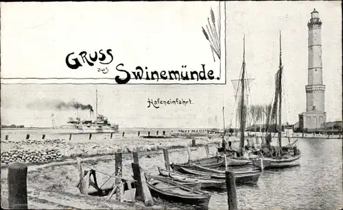 Ak Świnoujście Swinemünde Pommern, Hafeneinfahrt, Leuchtturm