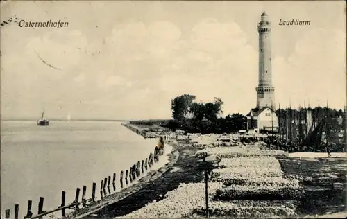 Ak Swinemünde,Blick auf Leuchtturm,Meer,Segelboot