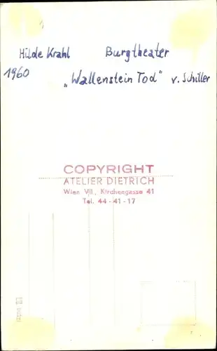 Ak Schauspielerin Hilde Krahl, Portrait, Wallensteins Tod, Autogramm