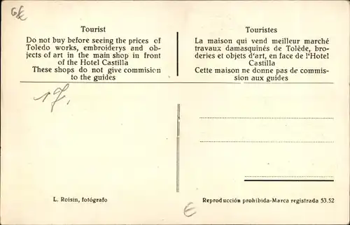 Ak Toledo Kastilien La Mancha Spanien, Frente al Hotel Castilla, Ausstellungszimmer