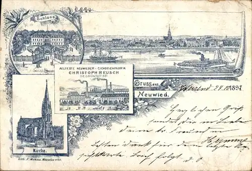 Litho Neuwied am Rhein, Schloss, Kirche, Zichorienfabrik Christoph Reusch, Gesamtansicht
