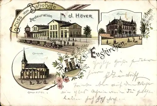 Litho Euskirchen Nordrhein Westfalen, Bahnhof, Restaurant Höver, Kreishaus, Pfarrkirche