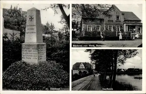 Ak Goltzscha Diesbar Seußlitz Nünchritz in Sachsen, Bäckerei Herb. Bormann, Dorfteich, Denkmal