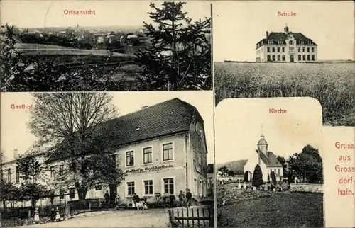 Ak Großdorfhain Dorfhain in Sachsen, Gesamtansicht, Gasthof, Schule, Kirche