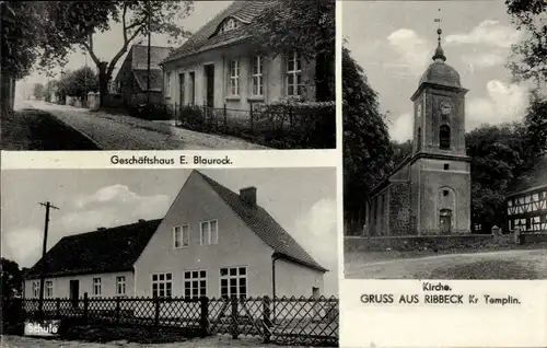 Ak Ribbeck Nauen im Havelland, Geschäftshaus E. Blaurock, Schule, Kirche