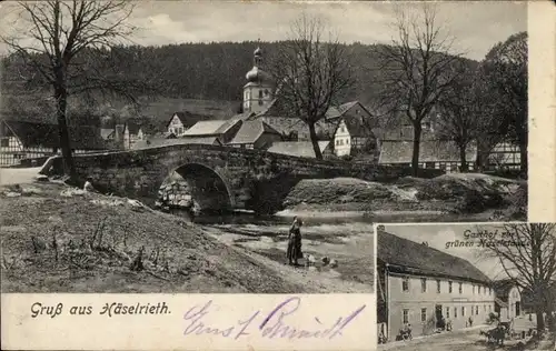 Ak Häselrieth Hildburghausen in Thüringen, Teilansicht, Brücke, Gasthof