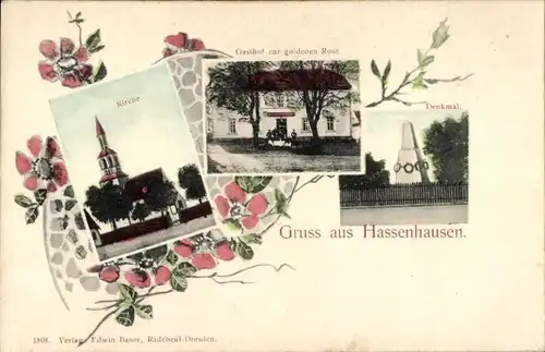 Ak Hassenhausen Bad Kösen Naumburg an der Saale, Gasthof zur goldenen Rose, Denkmal, Kirche