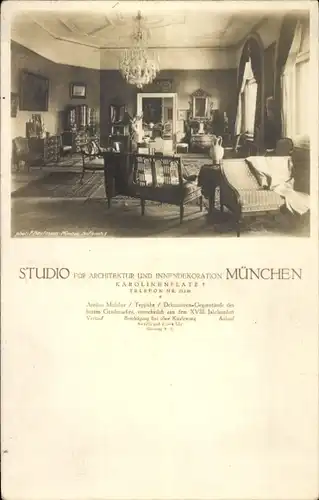 Ak München, Studio für Architektur und Innendekoration, Karolinenplatz 5, antikes Mobiliar