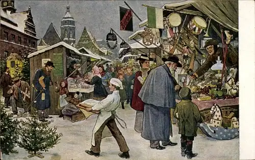 Künstler Ak Winter, Auf dem Christmarkt, Meinhold's Anschauungsbild Nr. 21, Weihnachtsmarkt