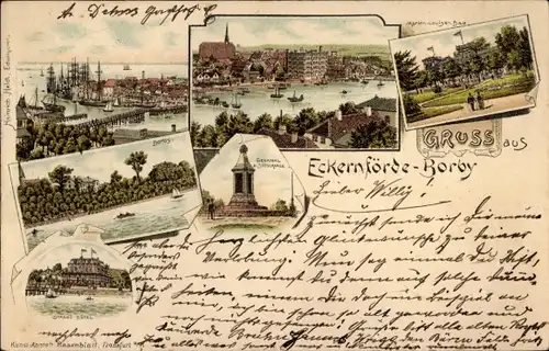 Litho Ostseebad Borby Eckernförde, Hafen, Marien Louisen Bad, Denkmal, Strand-Hotel