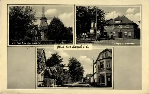 Ak Barßel in Oldenburg, Mühle, Kriegerdenkmal, Lange Straße, Uhrengeschäft