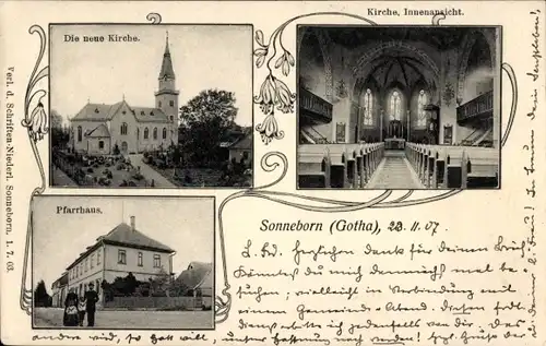 Ak Sonneborn in Thüringen, neue Kirche, Innenansicht, Pfarrhaus