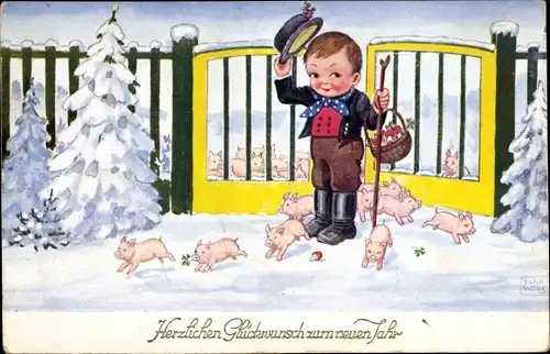 Künstler Ak Wills, John, Neujahr, Junge in Tracht, Schweinchen