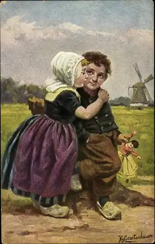 Künstler Ak Gerstenhauer, Johann Georg, Kinder in niederländischer Volkstracht, Puppe