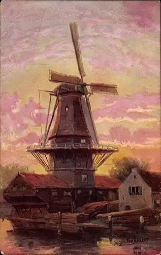 Künstler Ak Gerstenhauer, Johann Georg, Niederländische Windmühle, Dämmerung