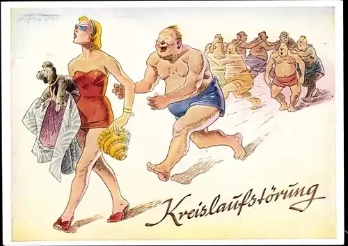 Ak Kreislaufstörung, Männer am Strand, Frau in Badeanzug