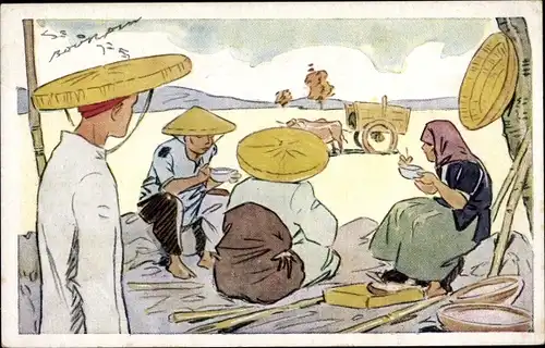 Künstler Ak Vietnam, Le riz d'Indo Chine, repas des Moissonneurs