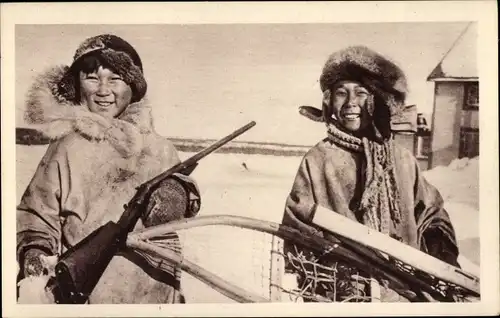 Ak Alaska, Young Eskimos, Kinder mit Gewehr, Catholic Missions